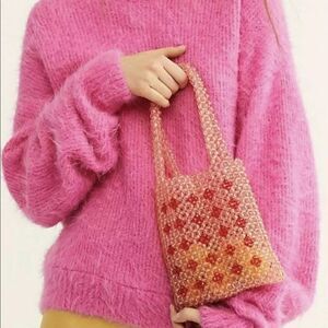 Free People Tote Bag Beaded Mini Blush Coral Red